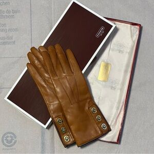 Coach Women's Camel Leather Gloves with Gold Buttons